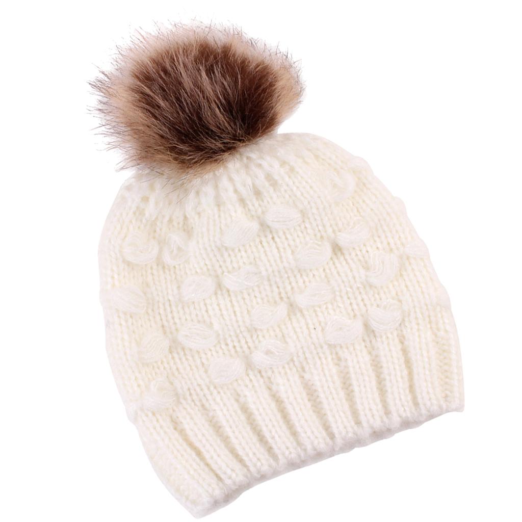 Winter Warm Hats Baby Knitting Beanie Toddler Mohair Pom Pom Cap White