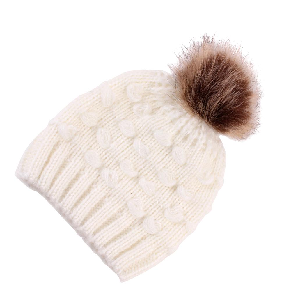 Winter Warm Hats Baby Knitting Beanie Toddler Mohair Pom Pom Cap White