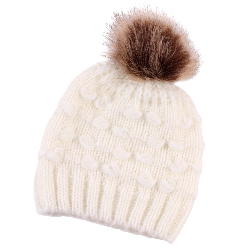 Winter Warm Hats Baby Knitting Beanie Toddler Mohair Pom Pom Cap White