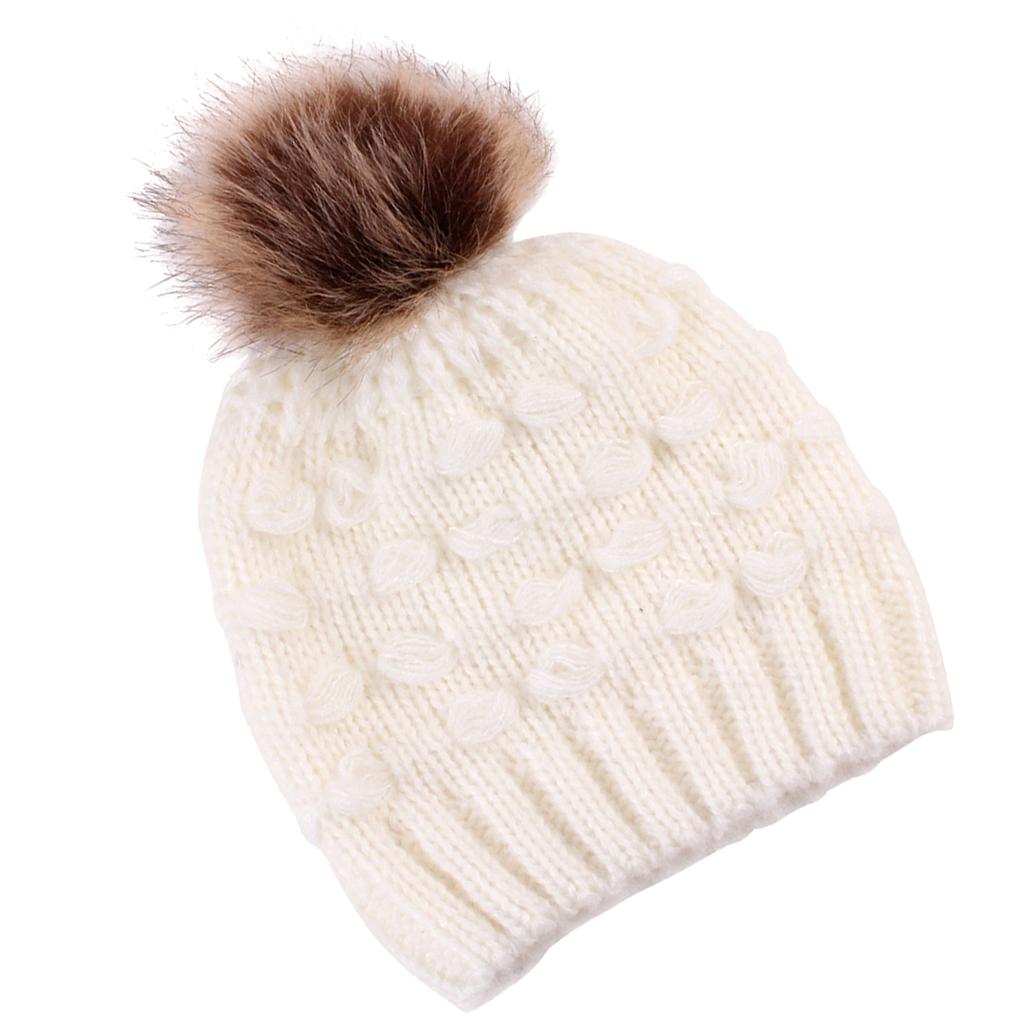 Winter Warm Hats Baby Knitting Beanie Toddler Mohair Pom Pom Cap White