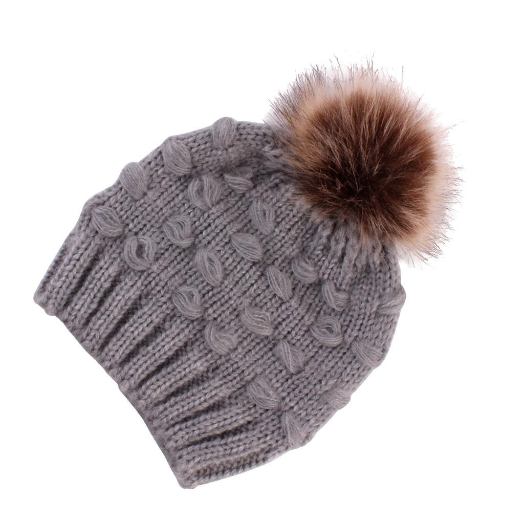 Winter Warm Hats Baby Knitting Beanie Toddler Mohair Pom Pom Cap Grey