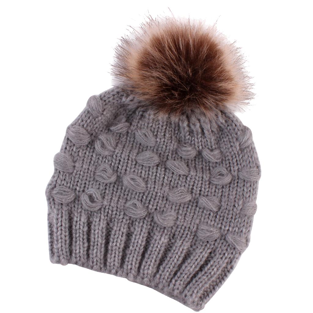 Winter Warm Hats Baby Knitting Beanie Toddler Mohair Pom Pom Cap Grey