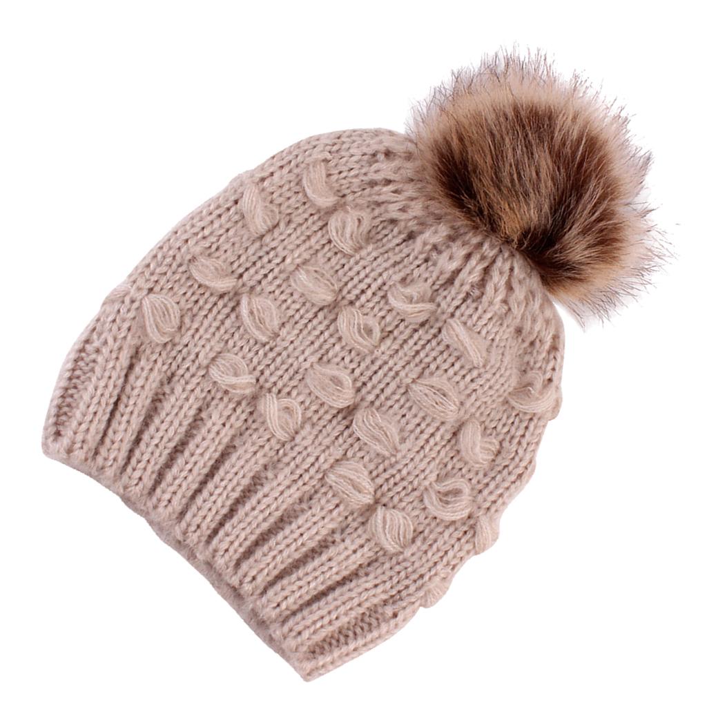 Winter Warm Hats Baby Knitting Beanie Toddler Mohair Pom Pom Cap Khaki