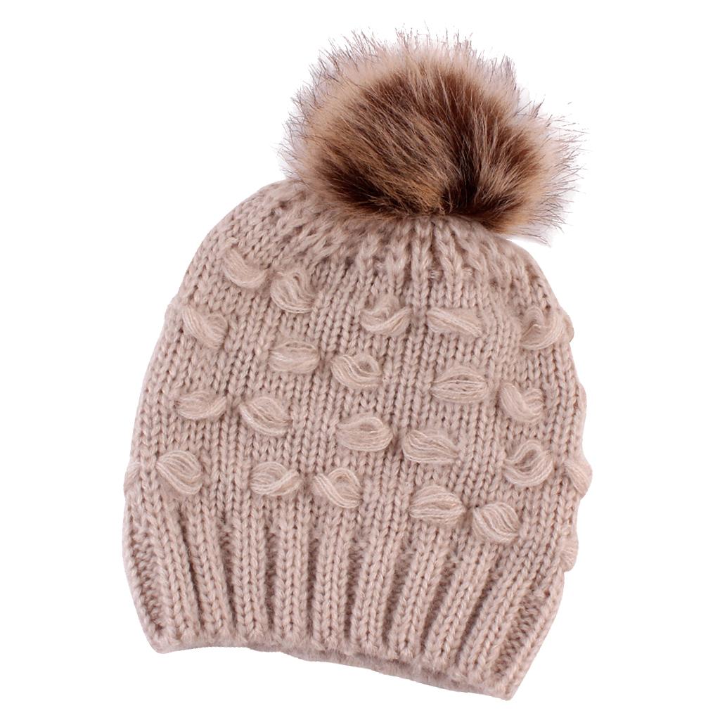 Winter Warm Hats Baby Knitting Beanie Toddler Mohair Pom Pom Cap Khaki