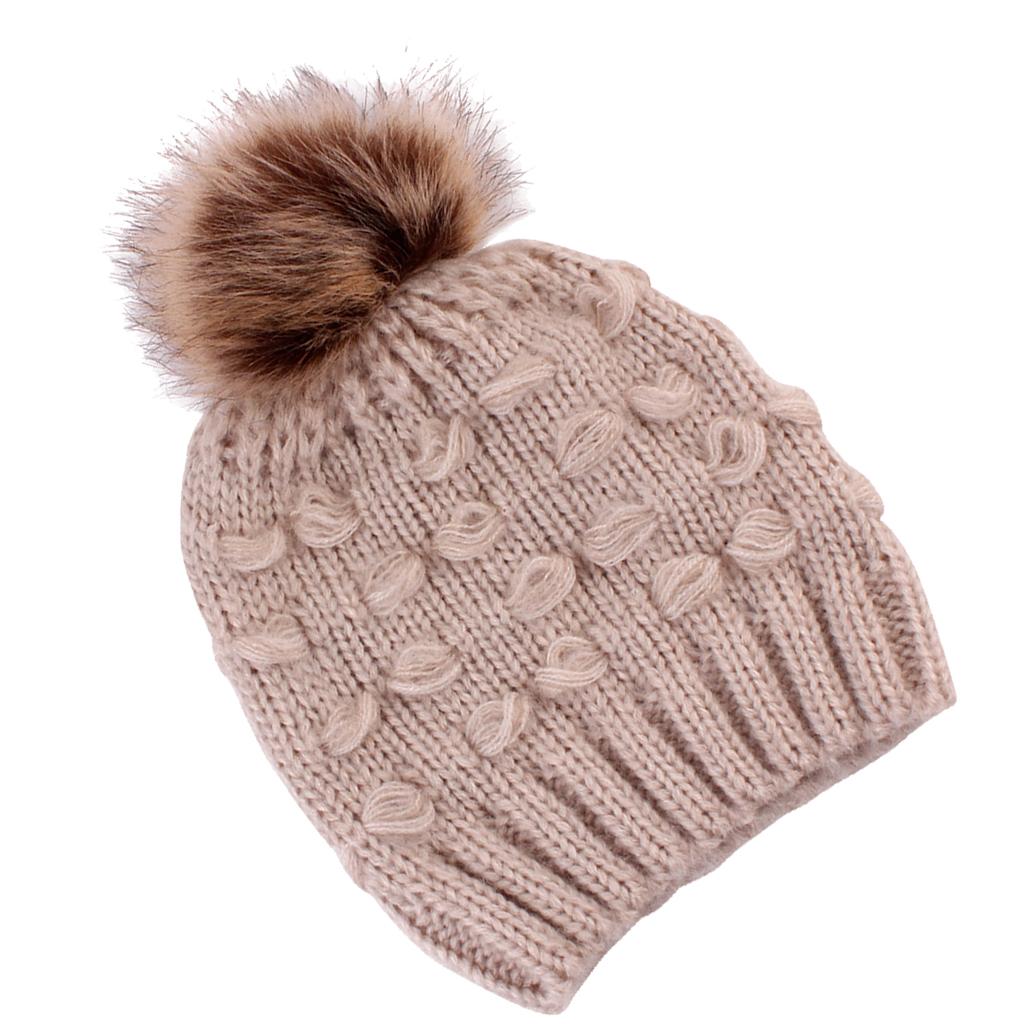 Winter Warm Hats Baby Knitting Beanie Toddler Mohair Pom Pom Cap Khaki