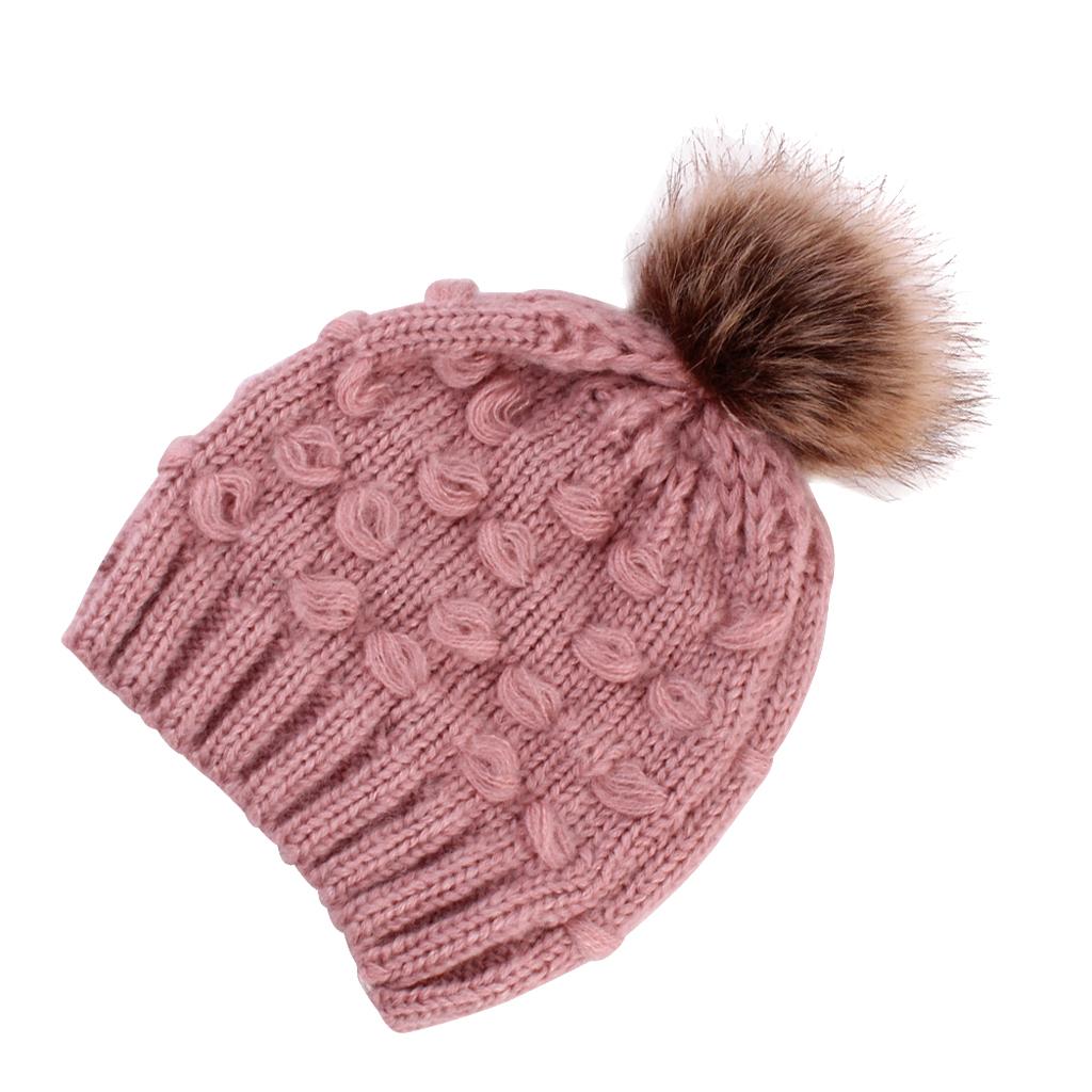 Winter Warm Hats Baby Knitting Beanie Toddler Mohair Pom Pom Cap Pink