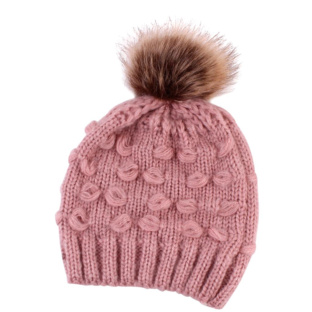 Winter Warm Hats Baby Knitting Beanie Toddler Mohair Pom Pom Cap Pink