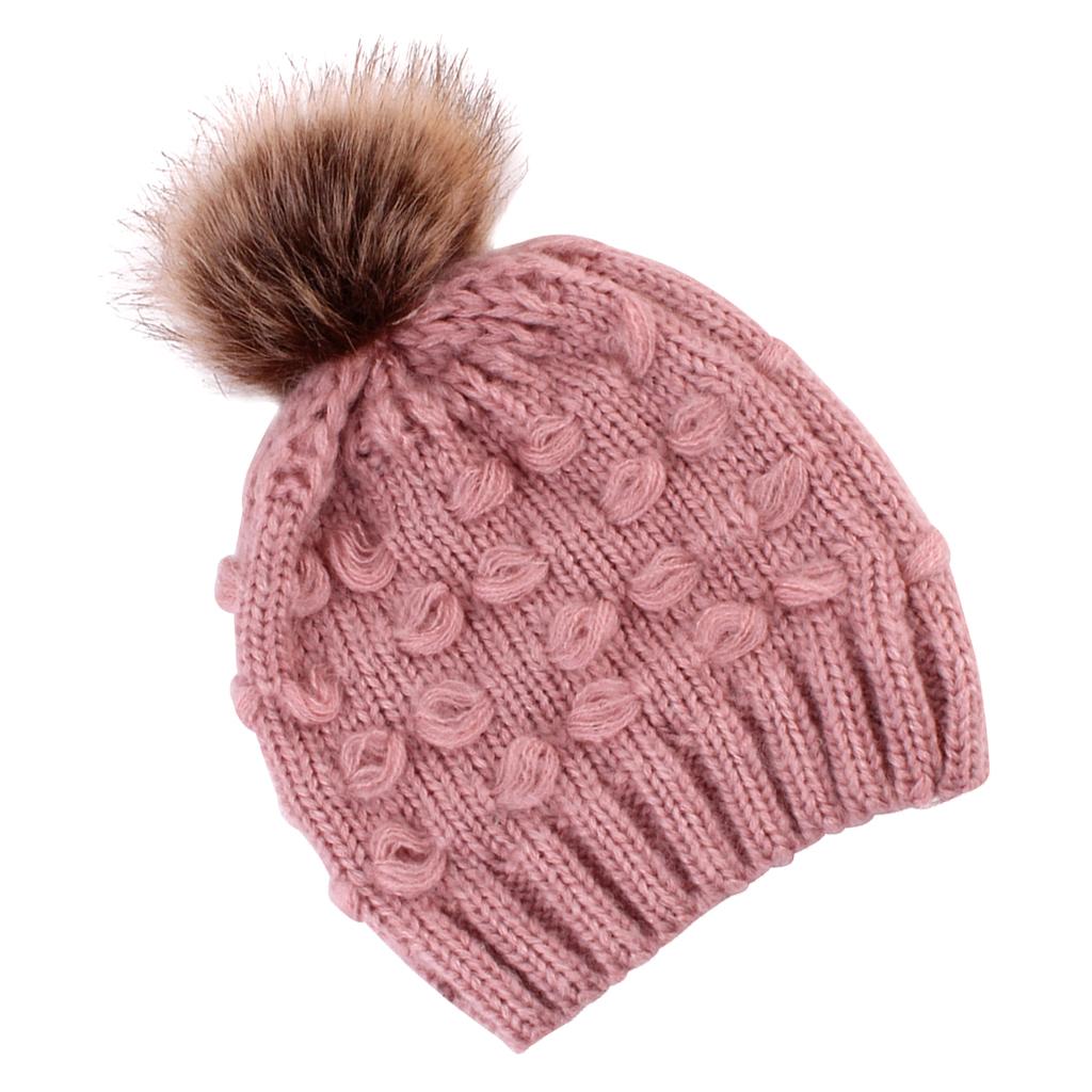 Winter Warm Hats Baby Knitting Beanie Toddler Mohair Pom Pom Cap Pink