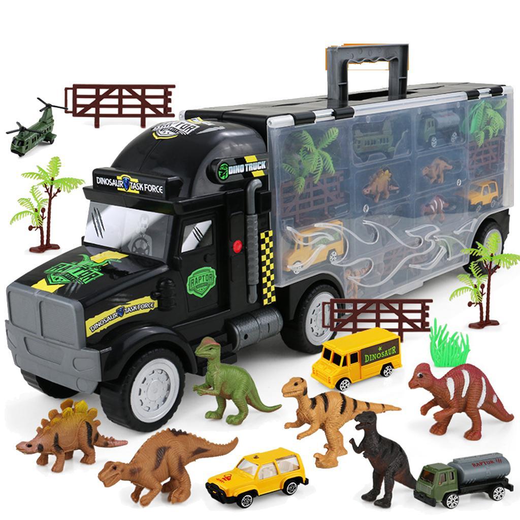 16Pcs 22 Inch Transport Carrier with Small Dinosaur Model Figures, Helicopter and Vehicles, Great Birthday Christmas Gift for Kids