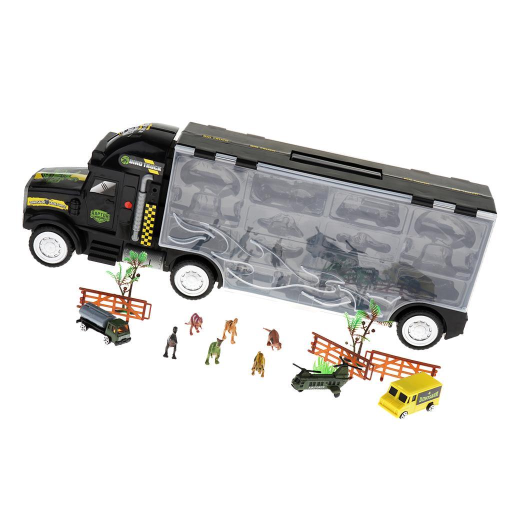 16Pcs 22 Inch Transport Carrier with Small Dinosaur Model Figures, Helicopter and Vehicles, Great Birthday Christmas Gift for Kids