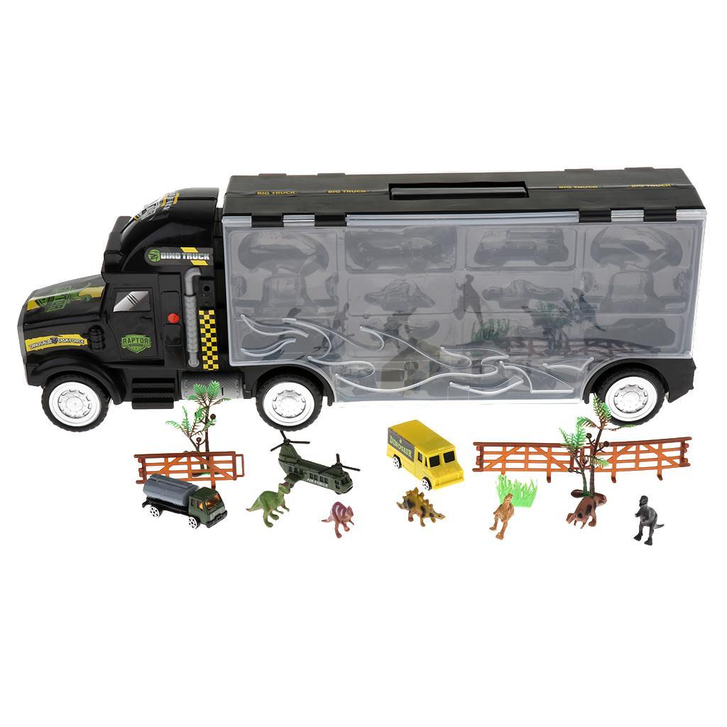 16Pcs 22 Inch Transport Carrier with Small Dinosaur Model Figures, Helicopter and Vehicles, Great Birthday Christmas Gift for Kids