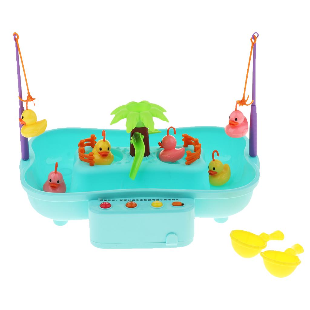 Kids Baby Electronic Add Water Circulating Fishing Game Toy Set with Music & Sound Swimming Pool Toy - 6 Ducks Blue