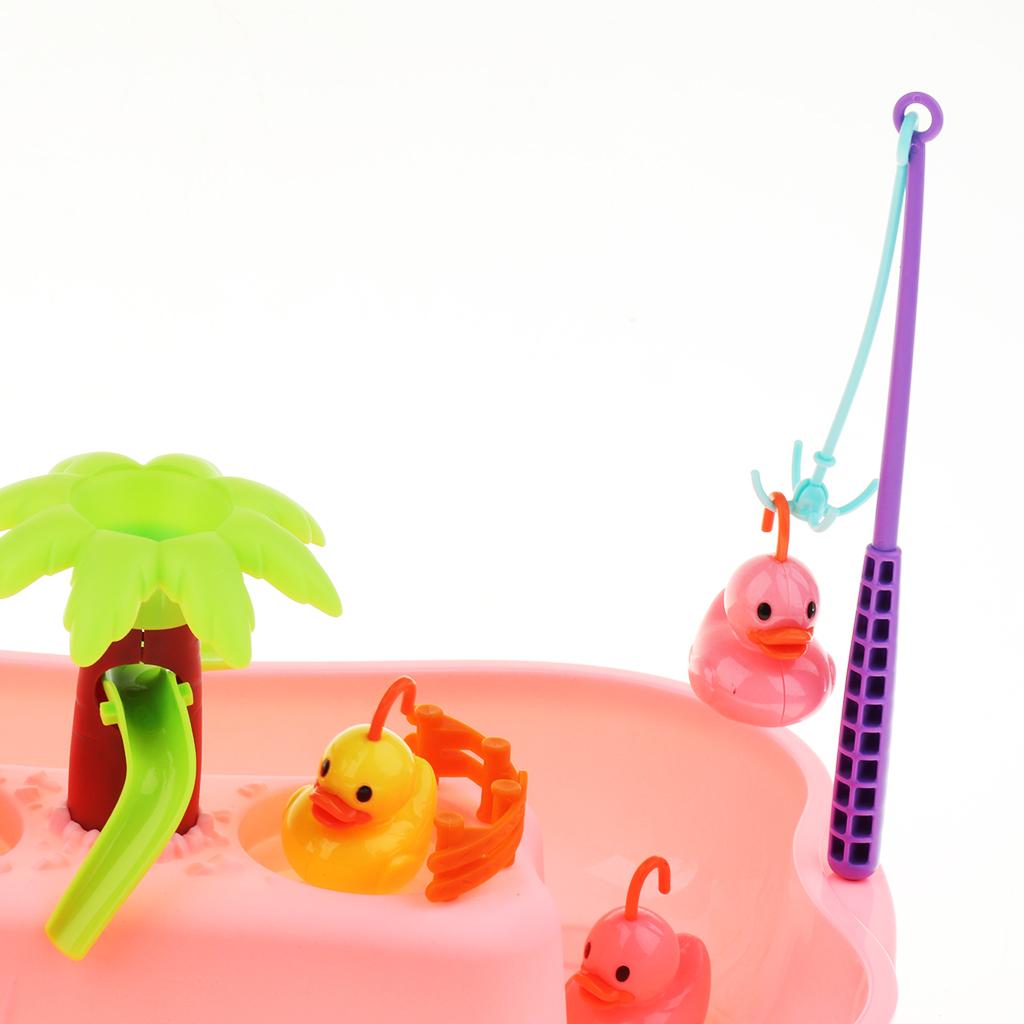 Kids Baby Electronic Add Water Circulating Fishing Game Toy Set with Music & Sound Swimming Pool Toy - 6 Ducks Pink