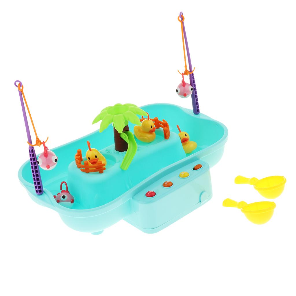 Kids Baby Electronic Add Water Circulating Fishing Game Toy Set with Music & Sound Swimming Pool Toy - 3 Duck + 3 Fish Blue