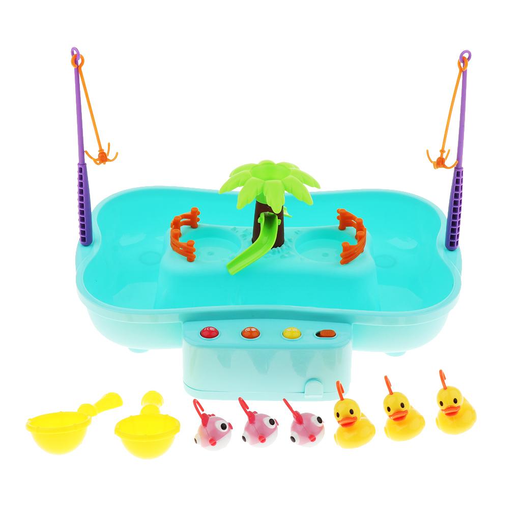 Kids Baby Electronic Add Water Circulating Fishing Game Toy Set with Music & Sound Swimming Pool Toy - 3 Duck + 3 Fish Blue