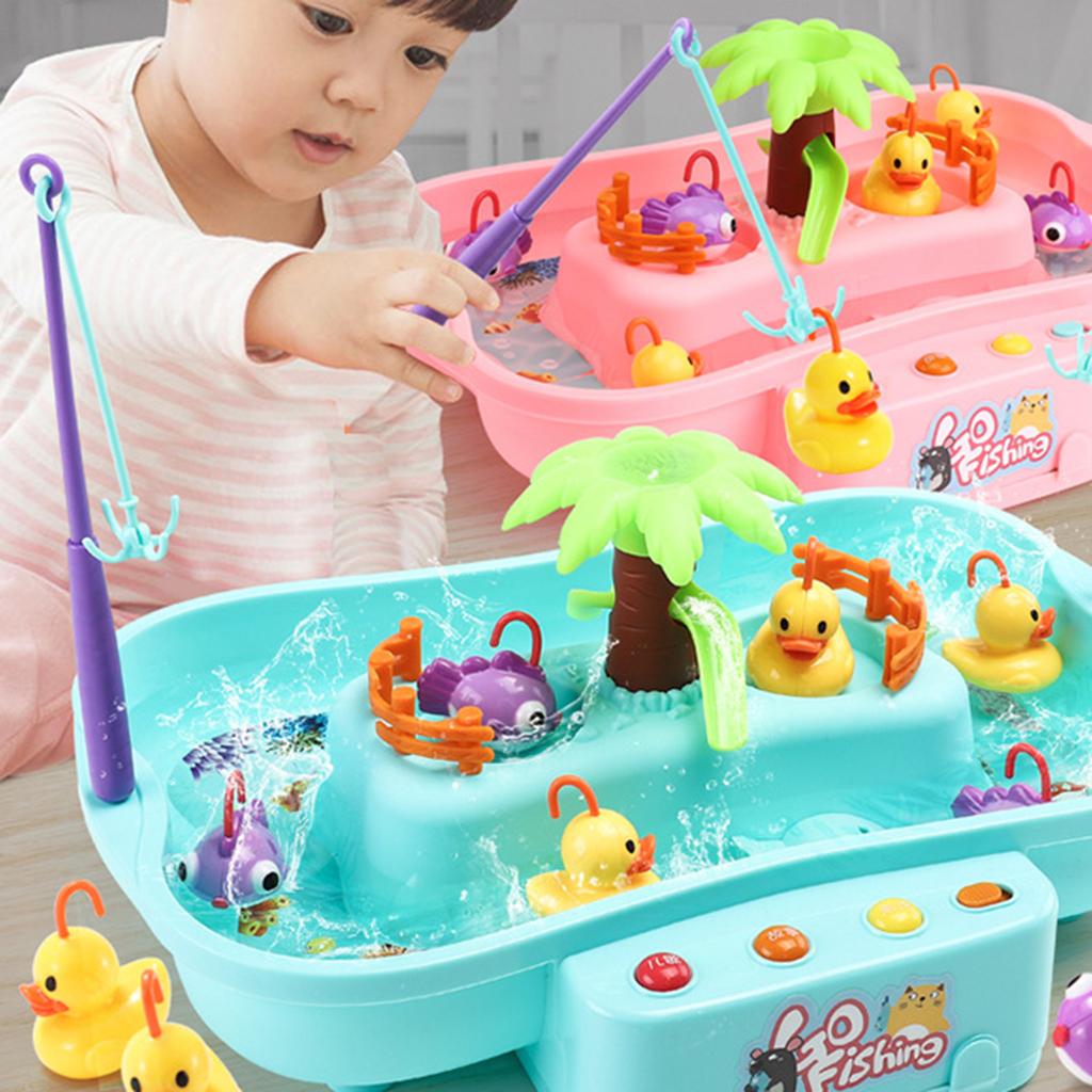 Kids Baby Electronic Add Water Circulating Fishing Game Toy Set with Music & Sound Swimming Pool Toy - 3 Duck + 3 Fish Blue