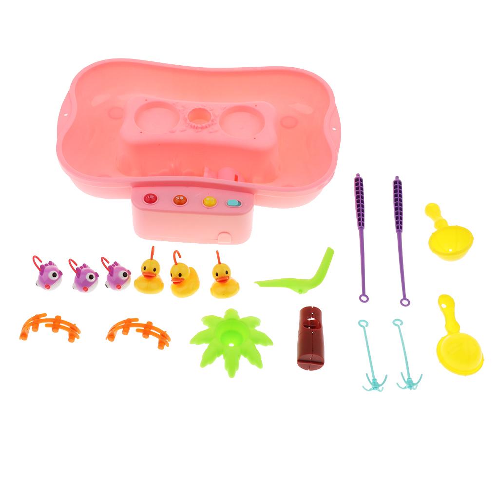 Kids Baby Electronic Add Water Circulating Fishing Game Toy Set with Music & Sound Swimming Pool Toy - 3 Duck + 3 Fish Pink