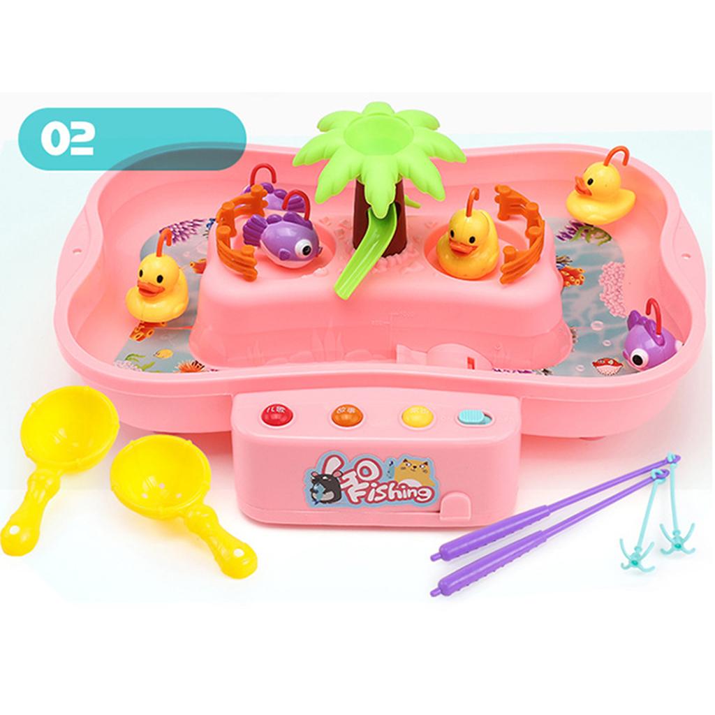 Kids Baby Electronic Add Water Circulating Fishing Game Toy Set with Music & Sound Swimming Pool Toy - 3 Duck + 3 Fish Pink