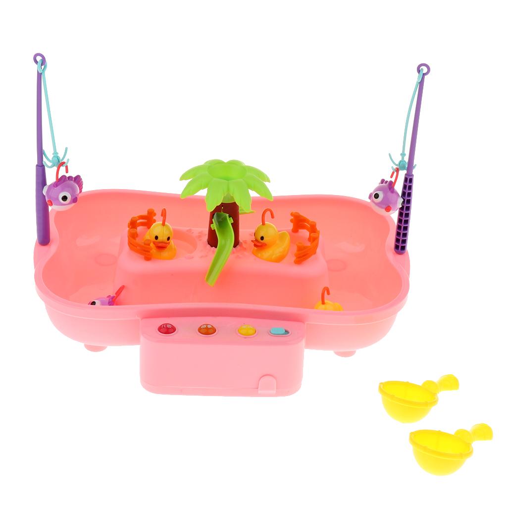 Kids Baby Electronic Add Water Circulating Fishing Game Toy Set with Music & Sound Swimming Pool Toy - 3 Duck + 3 Fish Pink