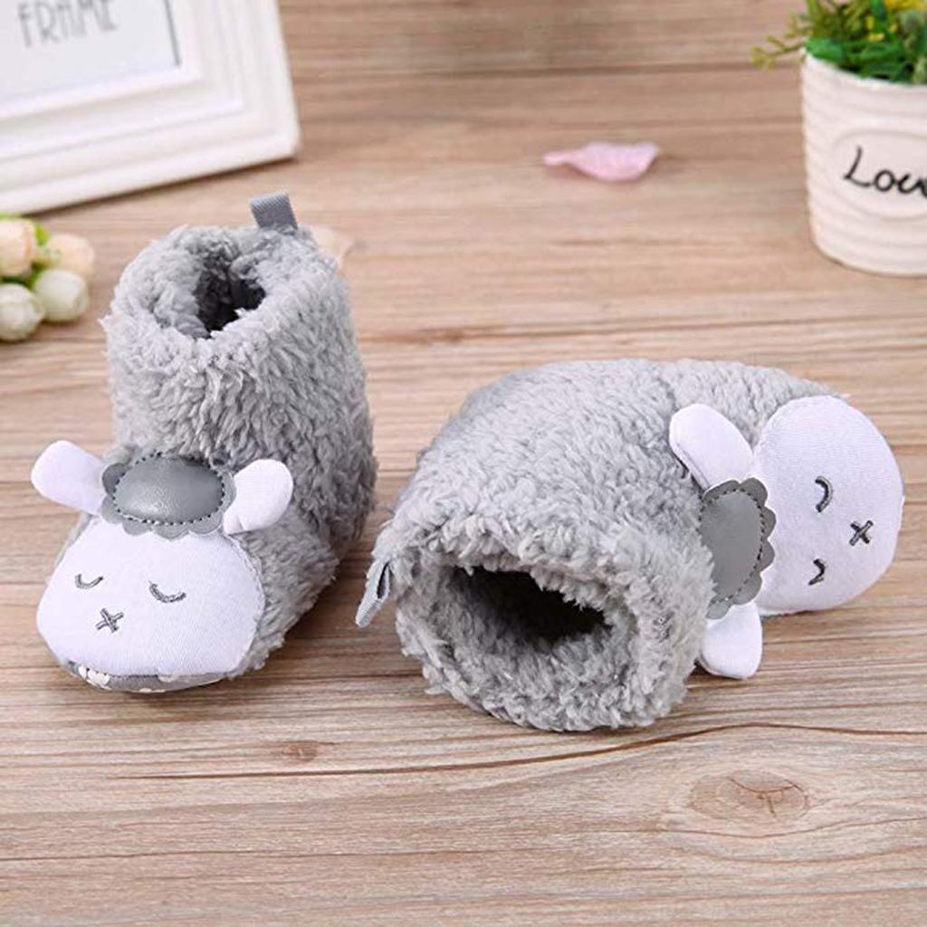 Cute Cartoon Animal Unisex Kids Fleece Shoes Baby Gray for 3-5 months