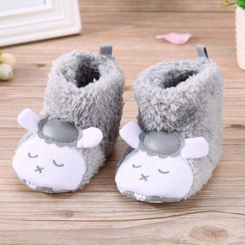 Cute Cartoon Animal Unisex Kids Fleece Shoes Baby Gray for 3-5 months