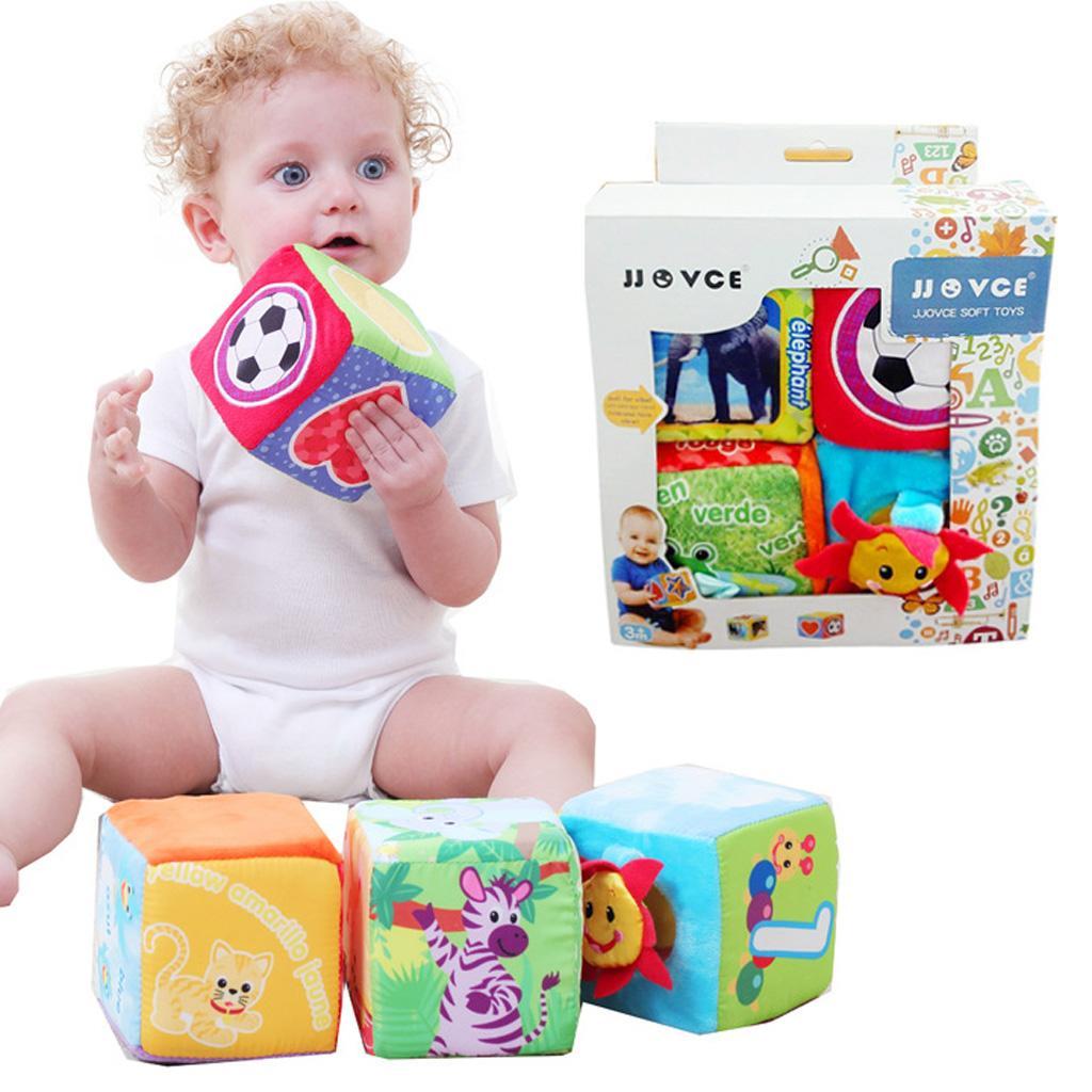 4pcs Baby Cloth Building Blocks Rattle Toy Grab Stack Cubes Learning Toys