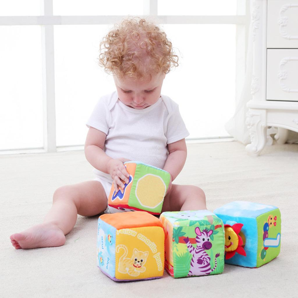 4pcs Baby Cloth Building Blocks Rattle Toy Grab Stack Cubes Learning Toys