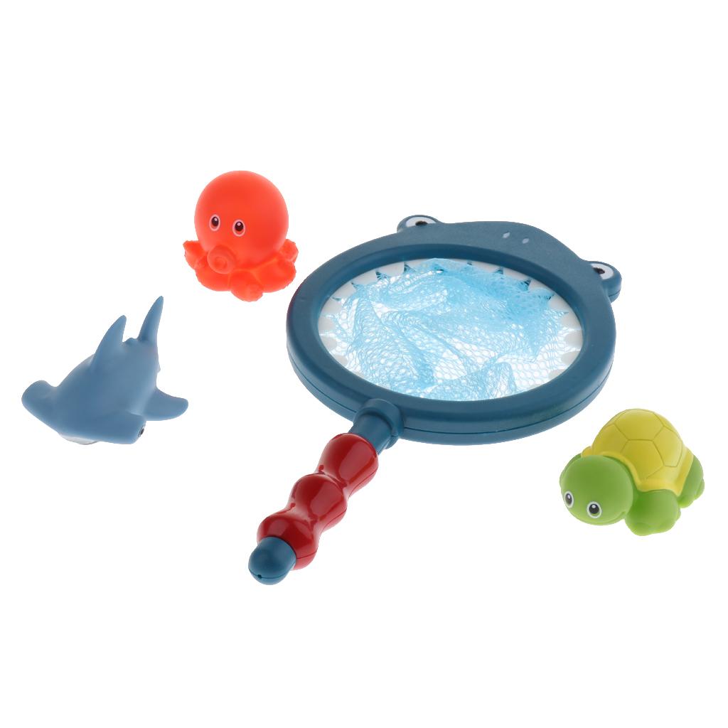 Set of 4 Mini Multi-Color Squeaky Ocean Animal with Net, Kids Baby's Bath Time Squirting Toy Gift