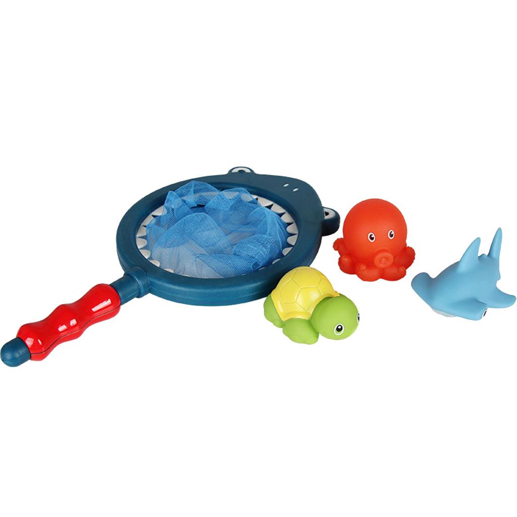 Set of 4 Mini Multi-Color Squeaky Ocean Animal with Net, Kids Baby's Bath Time Squirting Toy Gift