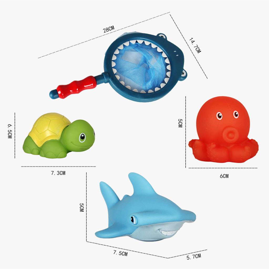 Set of 4 Mini Multi-Color Squeaky Ocean Animal with Net, Kids Baby's Bath Time Squirting Toy Gift