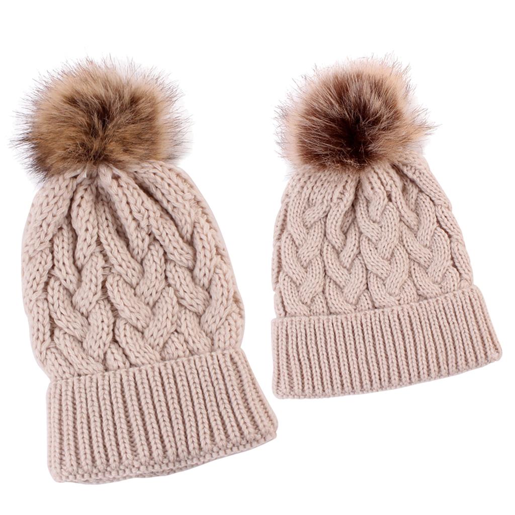 2PCS Parent-Child Beanie Hairball Cap Ball Warm Winter Knitted Hat Khaki