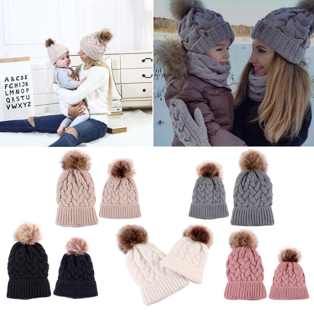 2PCS Parent-Child Beanie Hairball Cap Ball Warm Winter Knitted Hat Khaki