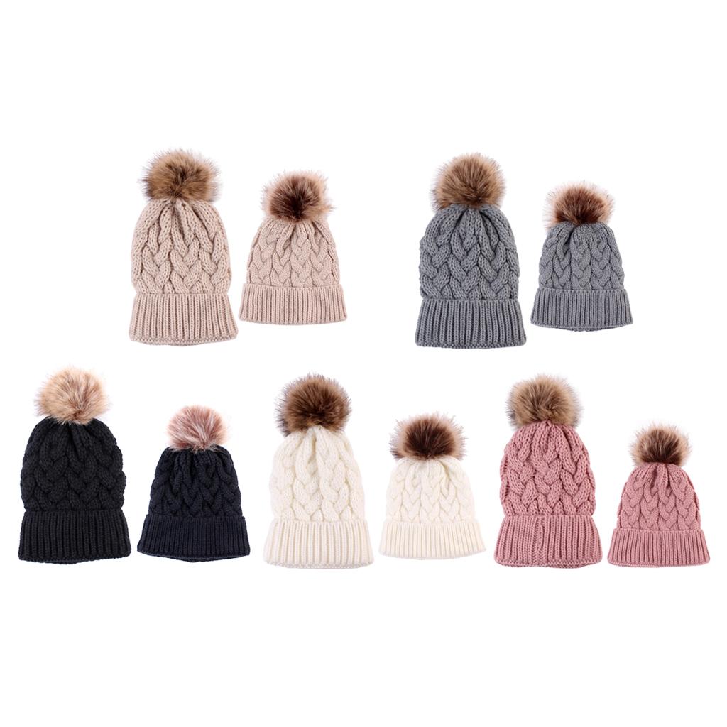 2PCS Parent-Child Beanie Hairball Cap Ball Warm Winter Knitted Hat Khaki