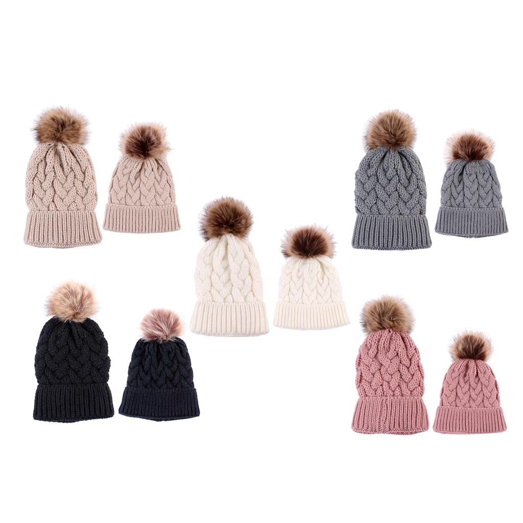 2PCS Parent-Child Beanie Hairball Cap Ball Warm Winter Knitted Hat Khaki