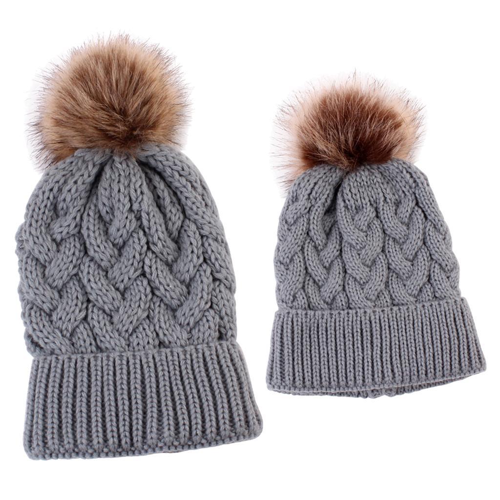 2PCS Parent-Child Beanie Hairball Cap Ball Warm Winter Knitted Hat Grey