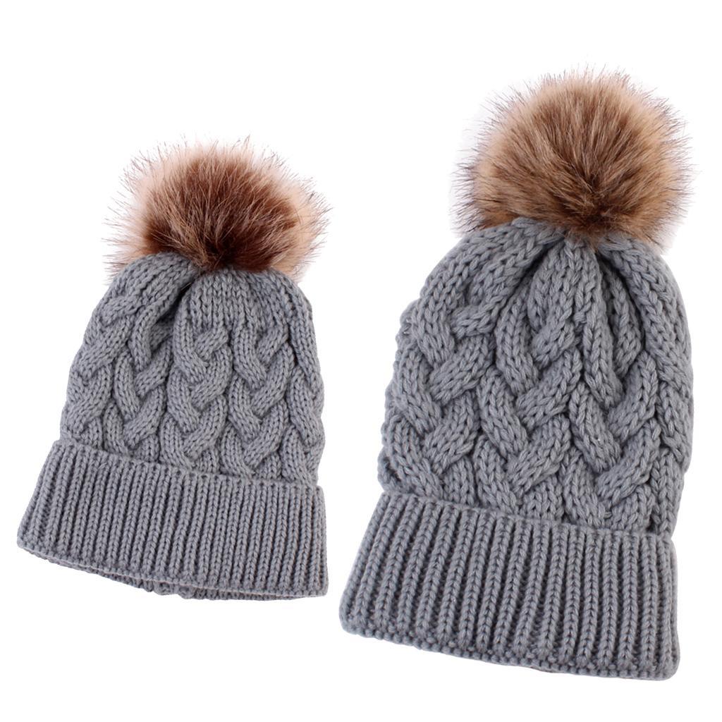 2PCS Parent-Child Beanie Hairball Cap Ball Warm Winter Knitted Hat Grey