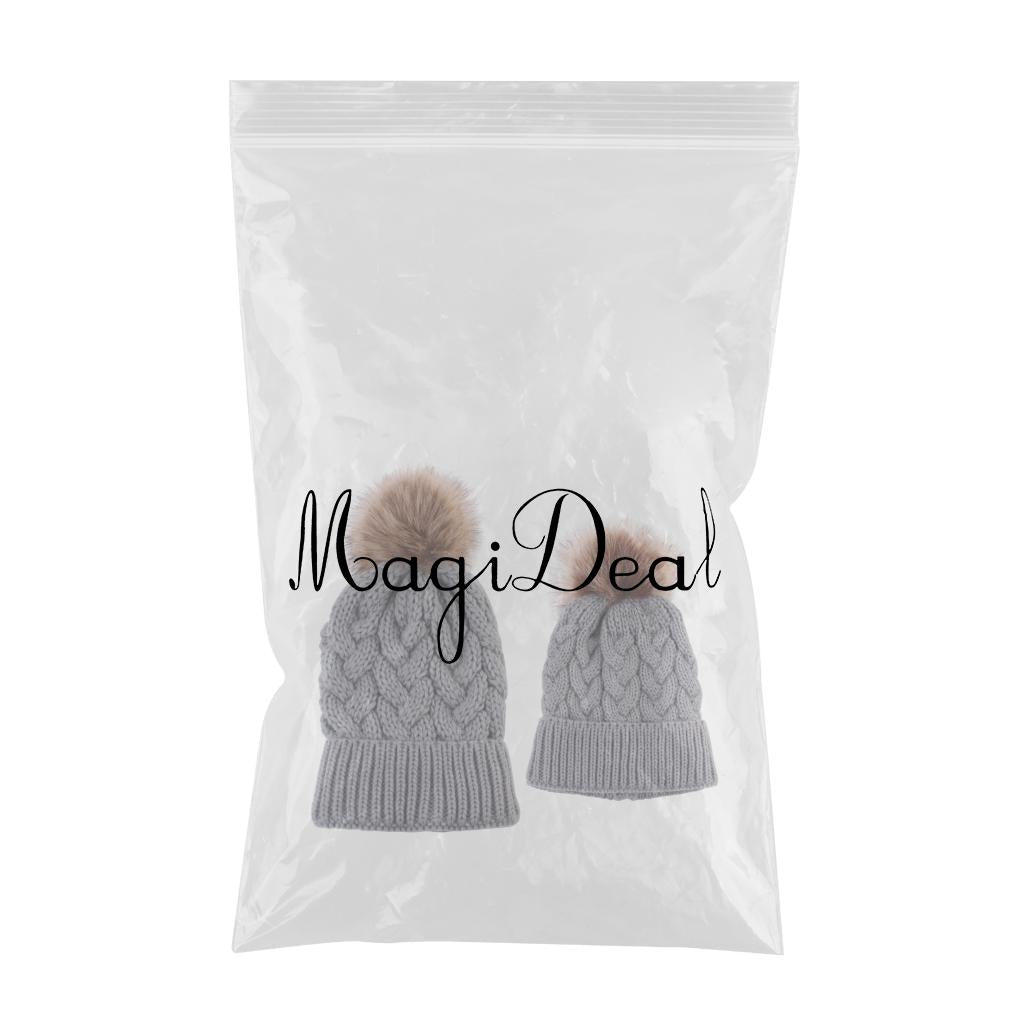 2PCS Parent-Child Beanie Hairball Cap Ball Warm Winter Knitted Hat Grey