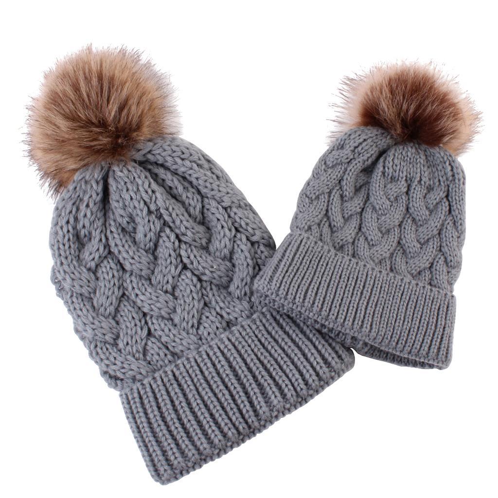 2PCS Parent-Child Beanie Hairball Cap Ball Warm Winter Knitted Hat Grey