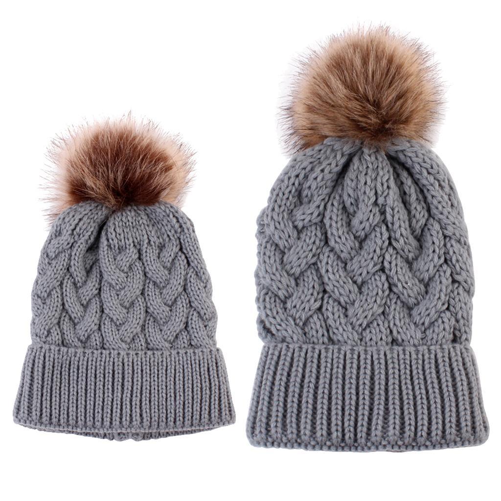 2PCS Parent-Child Beanie Hairball Cap Ball Warm Winter Knitted Hat Grey