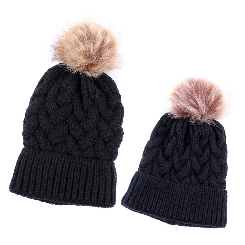 2PCS Parent-Child Beanie Hairball Cap Ball Warm Winter Knitted Hat Black