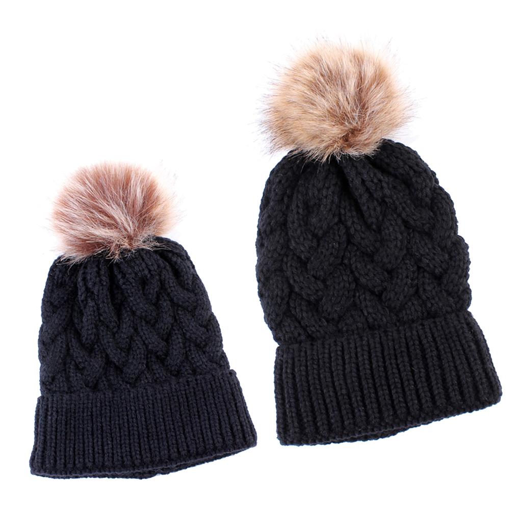 2PCS Parent-Child Beanie Hairball Cap Ball Warm Winter Knitted Hat Black