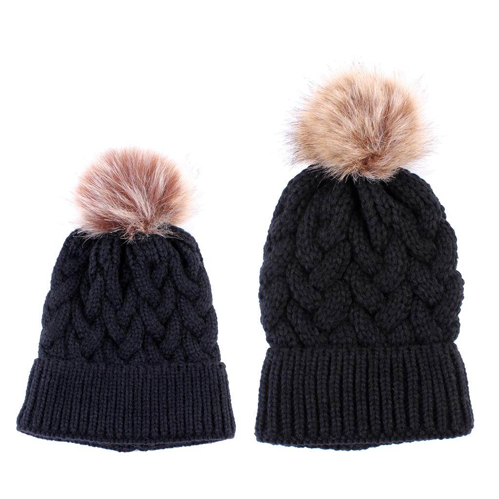 2PCS Parent-Child Beanie Hairball Cap Ball Warm Winter Knitted Hat Black