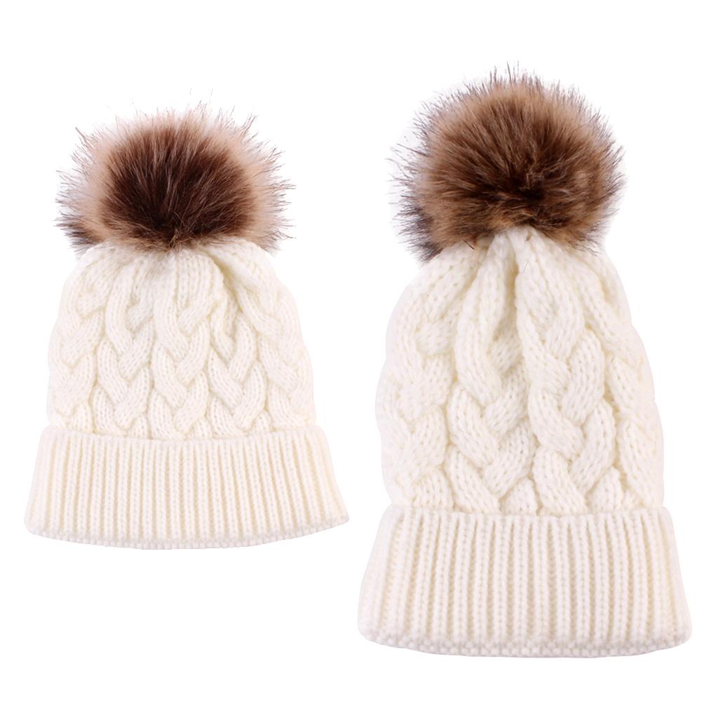 2PCS Parent-Child Beanie Hairball Cap Ball Warm Winter Knitted Hat White