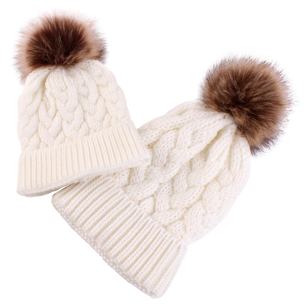 2PCS Parent-Child Beanie Hairball Cap Ball Warm Winter Knitted Hat White