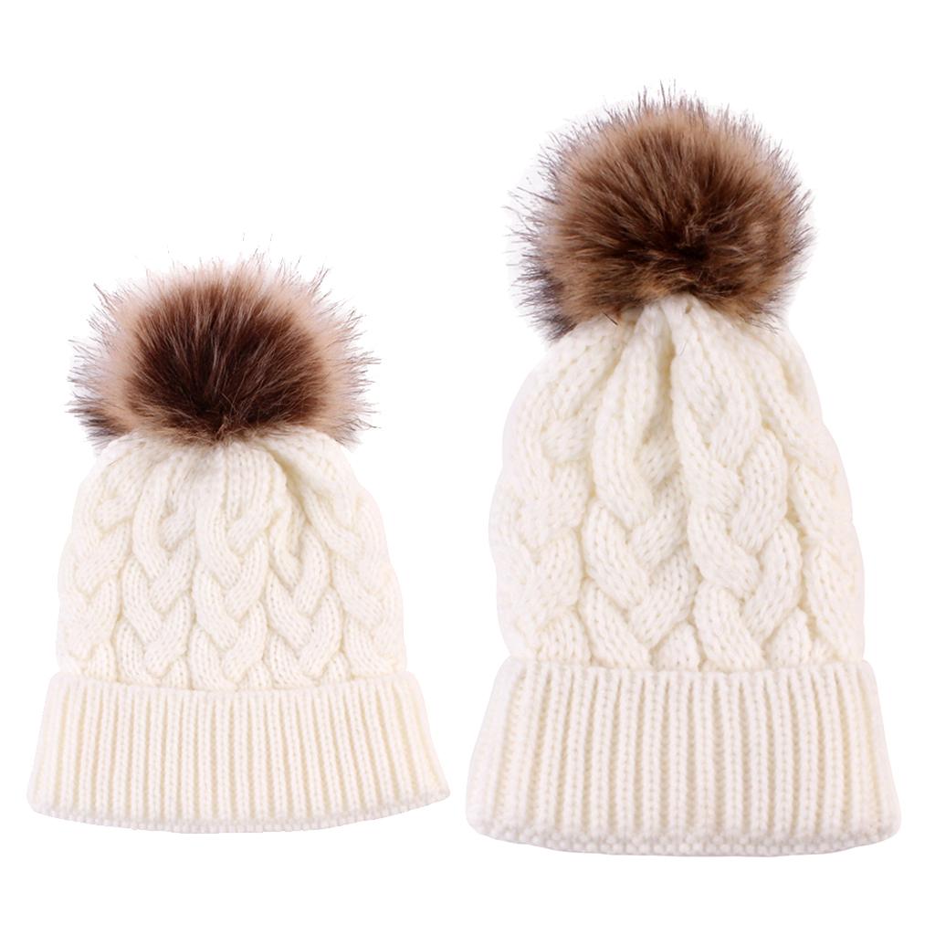 2PCS Parent-Child Beanie Hairball Cap Ball Warm Winter Knitted Hat White