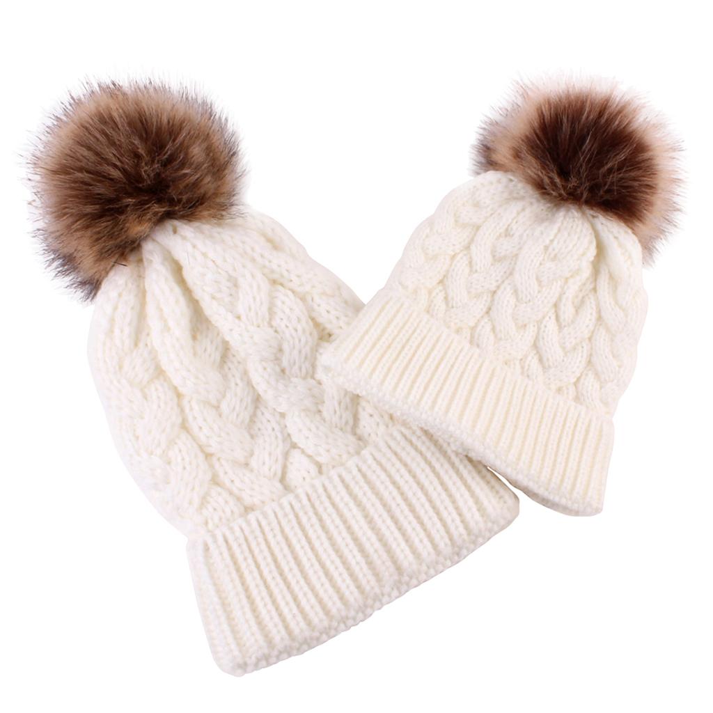 2PCS Parent-Child Beanie Hairball Cap Ball Warm Winter Knitted Hat White