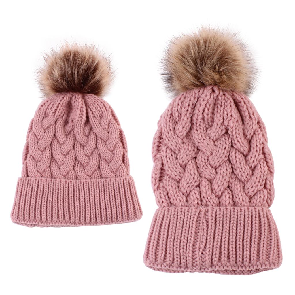 2PCS Parent-Child Beanie Hairball Cap Ball Warm Winter Knitted Hat Pink