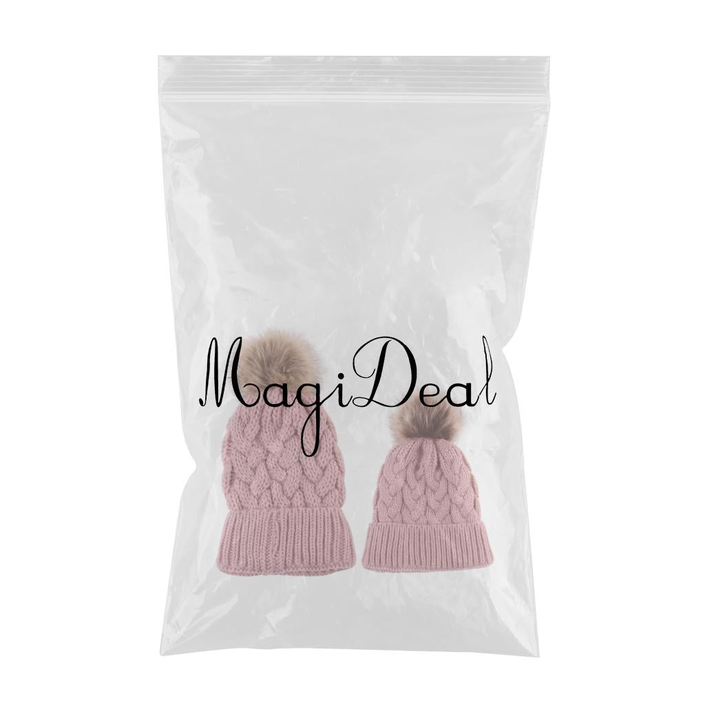 2PCS Parent-Child Beanie Hairball Cap Ball Warm Winter Knitted Hat Pink