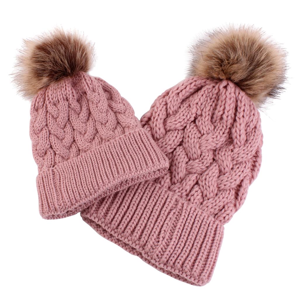 2PCS Parent-Child Beanie Hairball Cap Ball Warm Winter Knitted Hat Pink