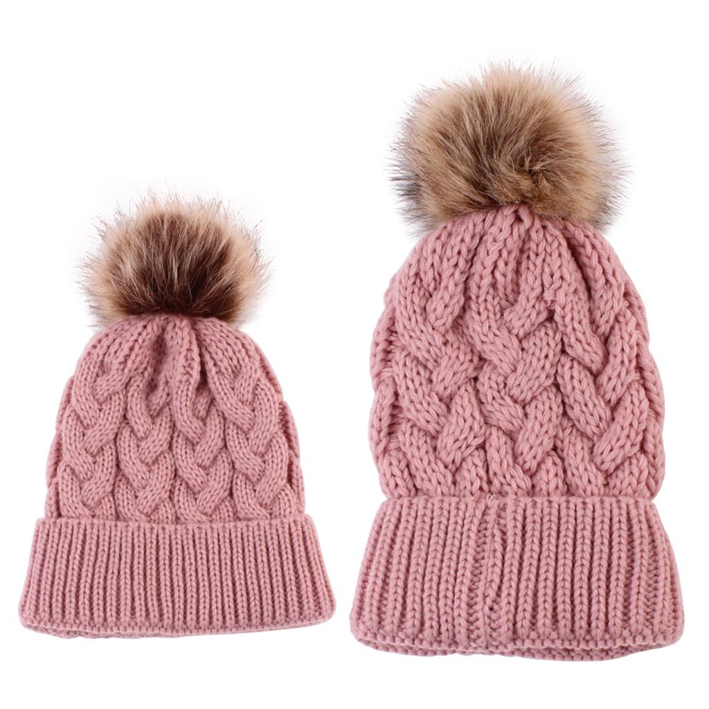 2PCS Parent-Child Beanie Hairball Cap Ball Warm Winter Knitted Hat Pink